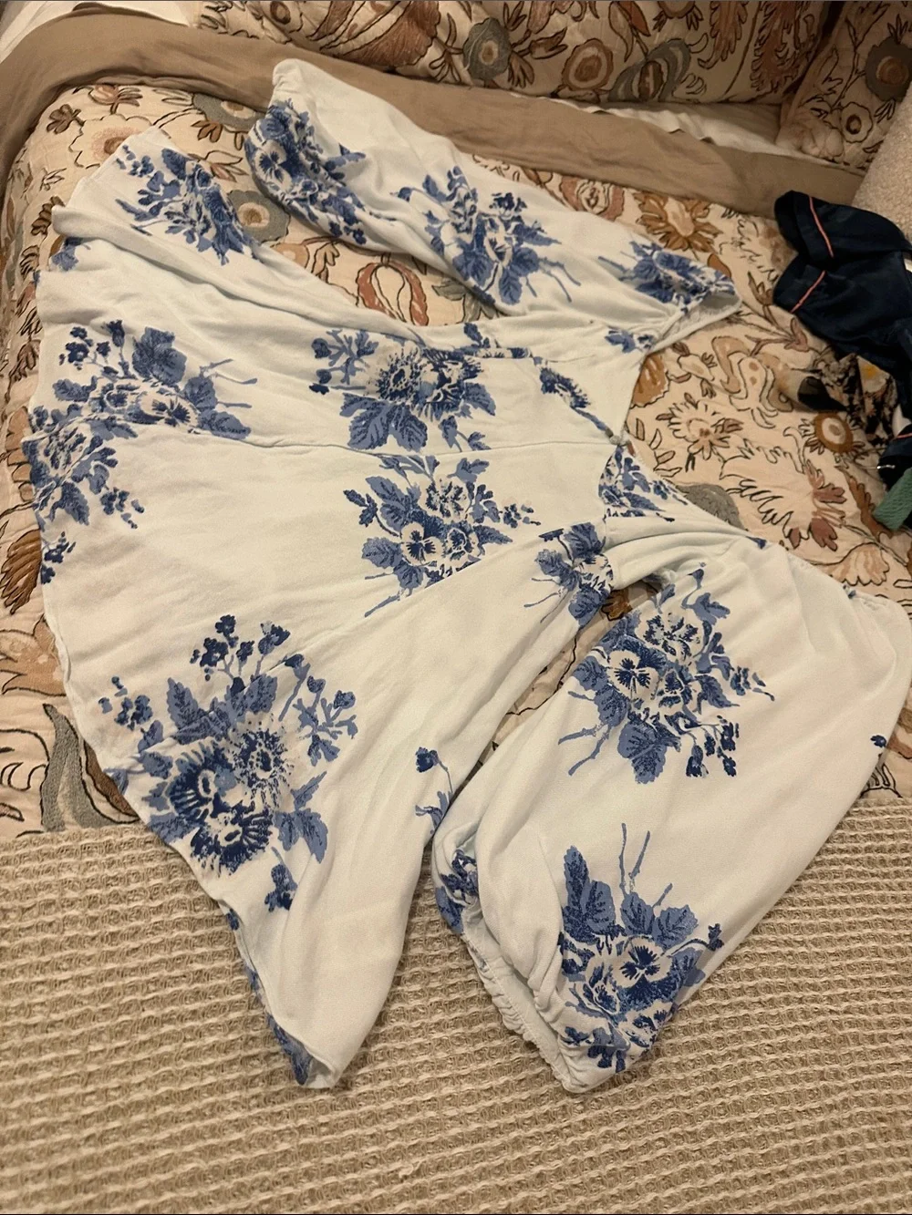 Free People White Jumpsuit with Blue Floral Motif